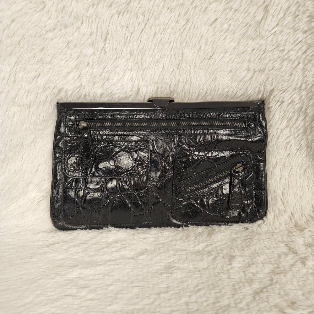 Sondra Roberts Croc Embossed Leather Black Clutch Bag